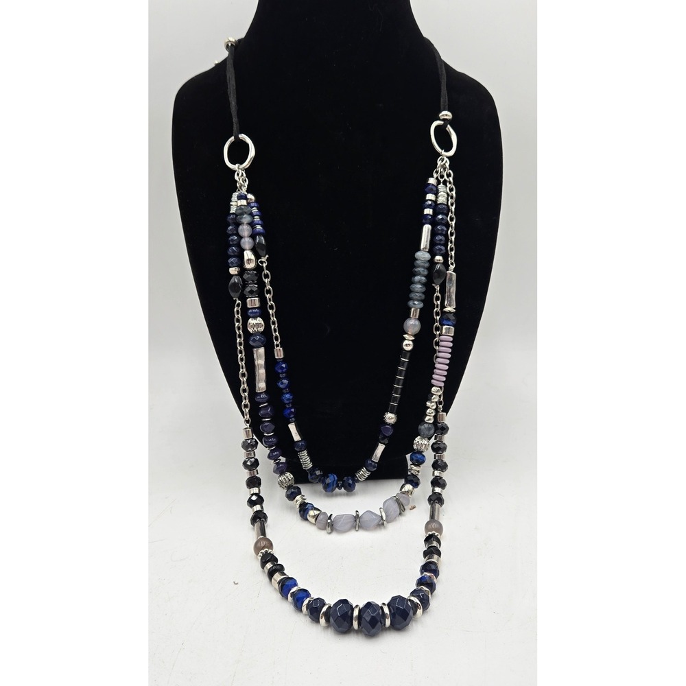 Womens Multi Strand Beaded Statement Necklace Blue Silver Black Boho Layered